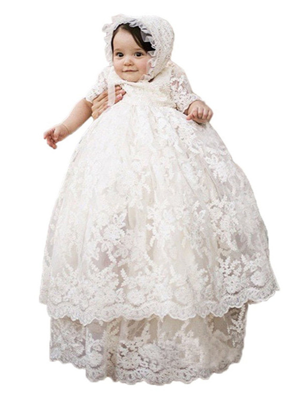 Conjunto de ropa de bautizo y primer cumpleaños para bebé, estilo europeo y americano, de manga corta, doble capa, con encaje largo, para comercio transfronterizo en Amazon, envío directo.