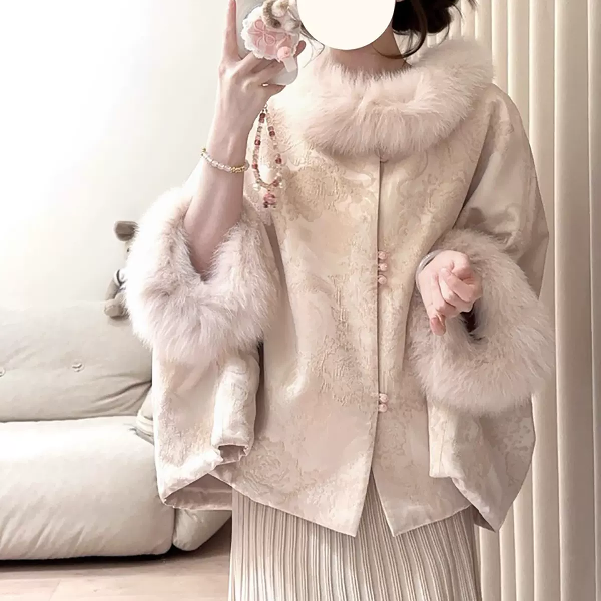 赴春雪重工珠绣新中式巨好看冬装斗篷上衣女国风加绒加厚短外套冬