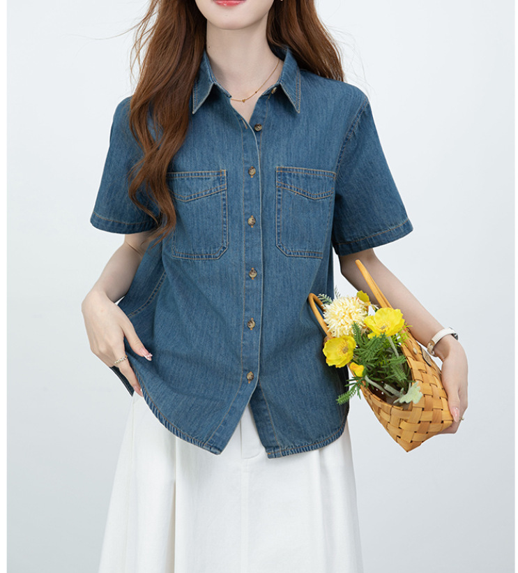 Áo sơ mi denim nữ tay dài phong cách retro rộng rãi — xanh lam chi tiết 3