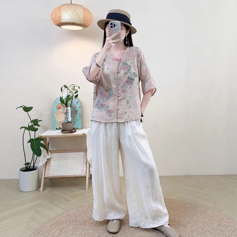 2025 Summer New Ramie Printed Round Neck Full Hem Contrasting Color T-Shirt New Chinese Style Literary Retro Top for Women