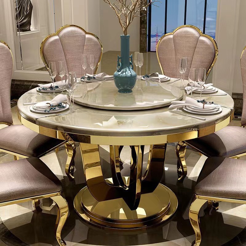 Light Luxury Marble Dining Table and Chair Set, Household Dining Table, Simple with Turntable, Stainless Steel Hotel Large Round Table Dining Table