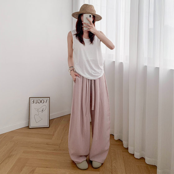 Tencel Linen Summer Fashion Versatile Drawstring Elastic Waist Simple Scimitar Pants Casual Pants Other Long Pants Royal Sister Style