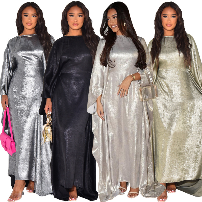 Damenbekleidung moderne muslimische Mode silbernes heißes weiches Abaya-Kleid_voghion.com