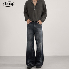 LKTM男装 美式cleanfit重工水洗扎染牛仔裤男女潮牌竹节纹微喇裤