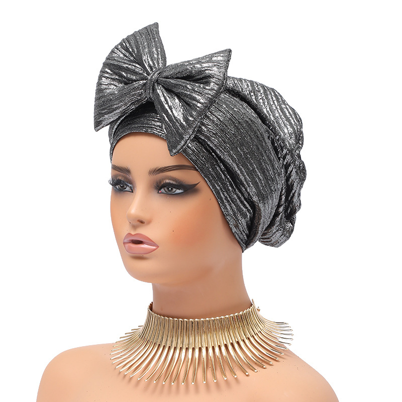 Muslim hat Fashion hot gold forehead big bow African bun hat stretch comfortable headscarf hat_viptrois.com