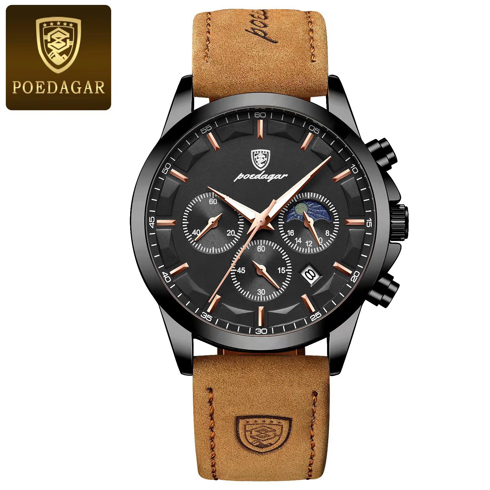 POEDAGAR multifuncional nuevo reloj de hombre moda seis agujas cronógrafo reloj de pulsera de cuarzo correa relojes casuales P928 image 8
