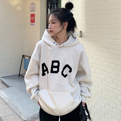 灰色ABC卫衣女加绒加厚秋冬新款韩版宽松百搭上衣帽衫学生外套潮