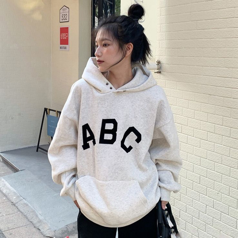 灰色ABC卫衣女加绒加厚秋冬新款韩版宽松百搭上衣帽衫学生外套潮|undefined