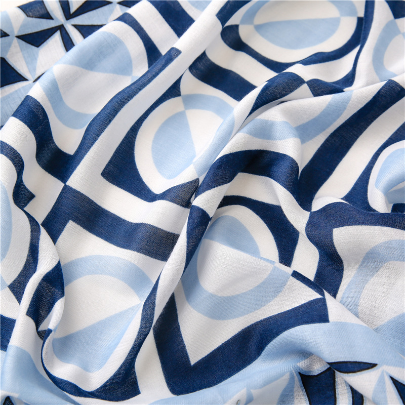 Retro Ethnic Style Blue And White Porcelain Square Circle Silk Scarf Long Braids Scarf display picture 3