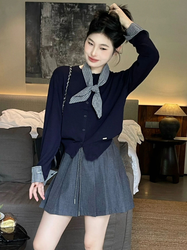 撞色假两件毛衣外套女2025早秋季新款韩系高级感别致针织衫上衣女|undefined