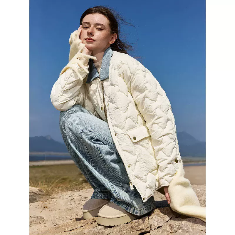 牛仔翻领棉服女2025秋冬新款白色保暖短款时尚轻便外套