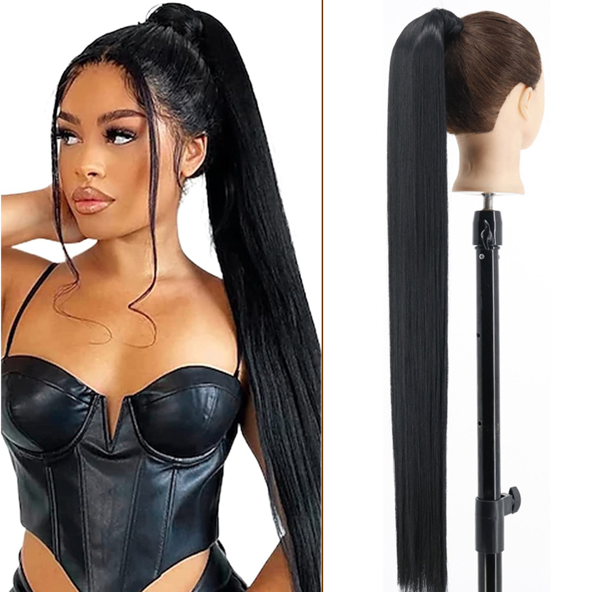 Sintetička perika ženska duga ravna kosa mat svila visoke temperature čičak moderan i prirodan nastavak za konjski rep_voghion.com