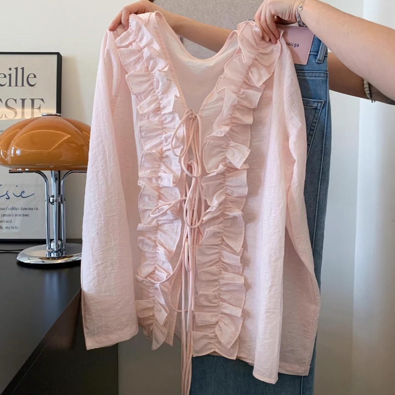 French-Style Sweet and Stylish Youthful High-End Pink Shirt Top V-Neck Ruffled Long-Sleeve Blouse for Women A10603 French-Style Sweet and Stylish Youthful High-End Pink Shirt Top V-Neck Ruffled Long-Sleeve Blouse for Women A10603