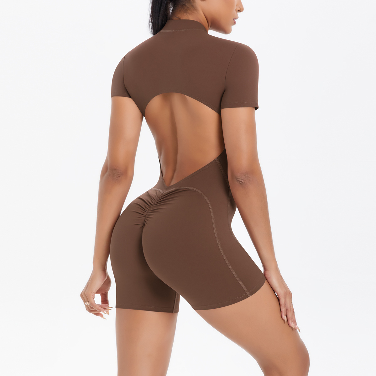 Europa y los Estados Unidos de nuevo medio abierto cremallera hueco hermoso pantalones cortos de espalda para elevar las caderas combinación de manga larga combinación de yoga