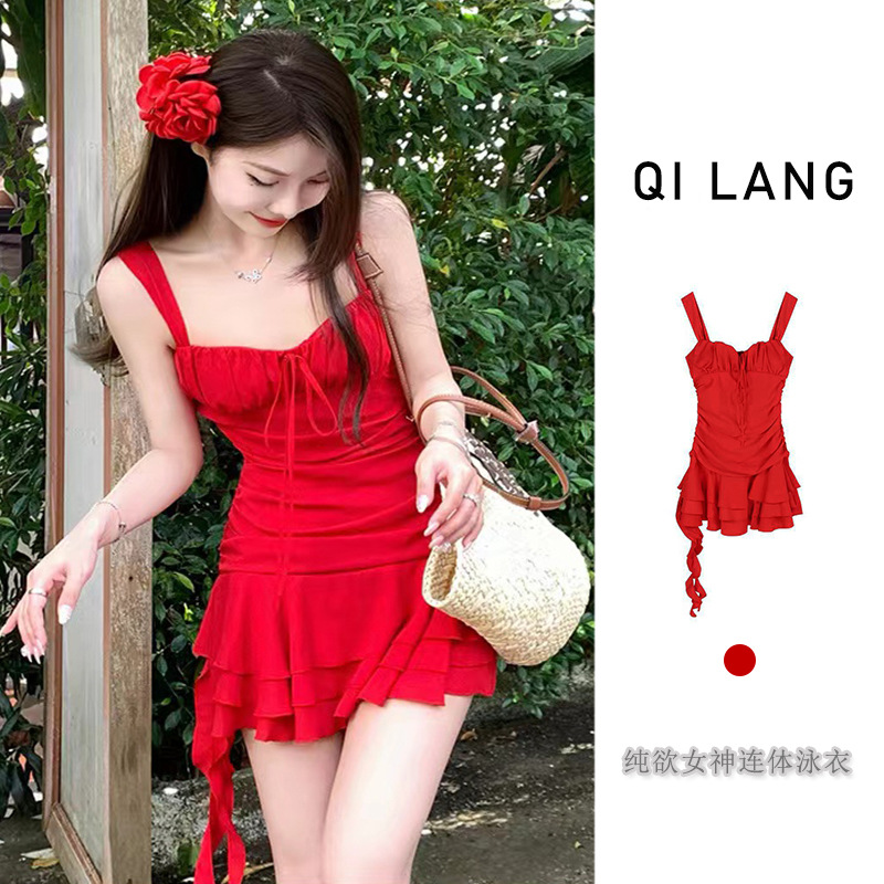 Summer New Sweet and Spicy Atmosphere Irregular Red Sling Swimwear Women's Waist Backless Seaside Holiday Wholesale