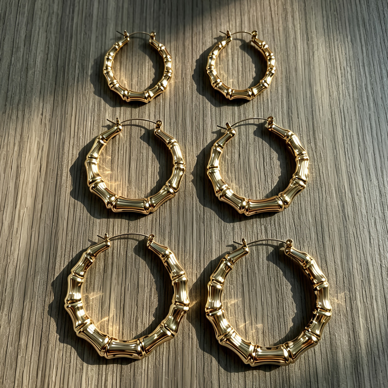 European and American cross-border iron alloy gold bamboo earrings, large hoop earrings, exaggerated and unique, set of earrings in three sizes: large, medium, and small