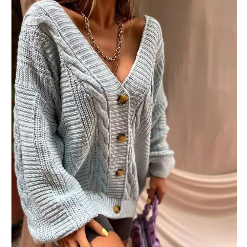 Cárdigan de Punto con Mangas Abullonadas para Mujer Mezcla de Lana Cuello en V para Otoño