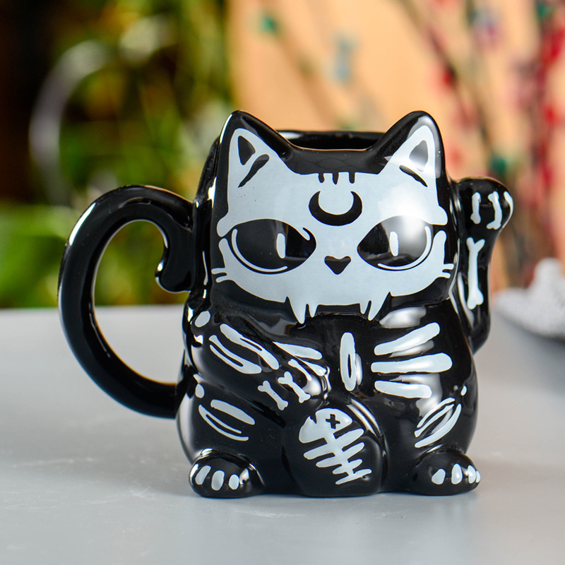 严选黑色白色卡通招财猫杯 创意可爱陶瓷杯猫杯水杯万圣节鬼节咖