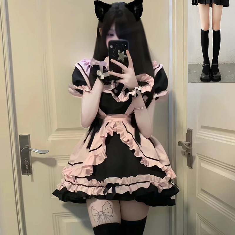 ニャー: ガールキャットメイド服、かわいいヘビーデューティーの大きなリボンのテール付きデイリーロリータドレス|undefined