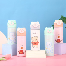 创意保温杯女生熊头弹跳杯儿童吸管双层真空不锈钢水杯批发水壶
