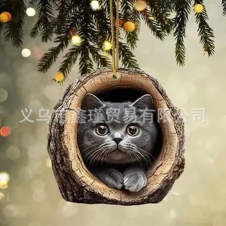 Nuevo agujero de árbol transfronterizo gatos decoraciones de Navidad colgantes de árbol de Navidad colgantes de acrílico plano 2D