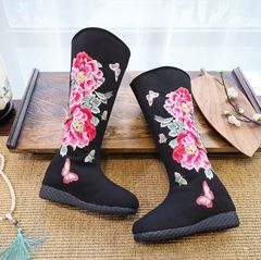 單靴|棉靴 牡丹刺繡花朵女士布靴 高筒靴 繡花鞋女鞋