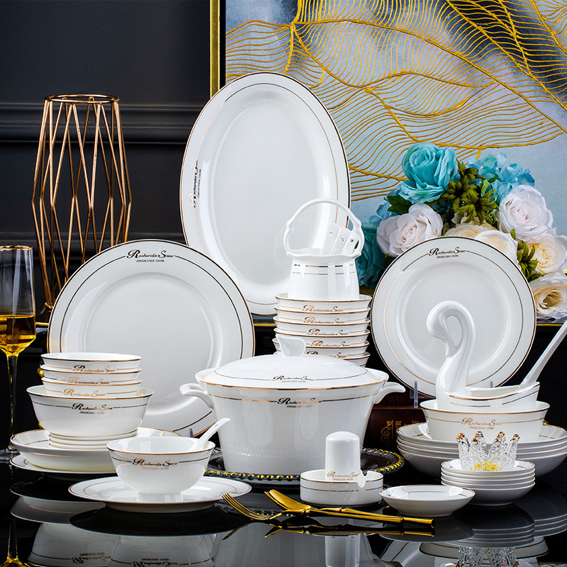 Jingdezhen Bowl and Dish Set Household Simple Accessible Luxury Gold Edge Ceramic Tableware Gold English Bone China Bowl and Plate Gift