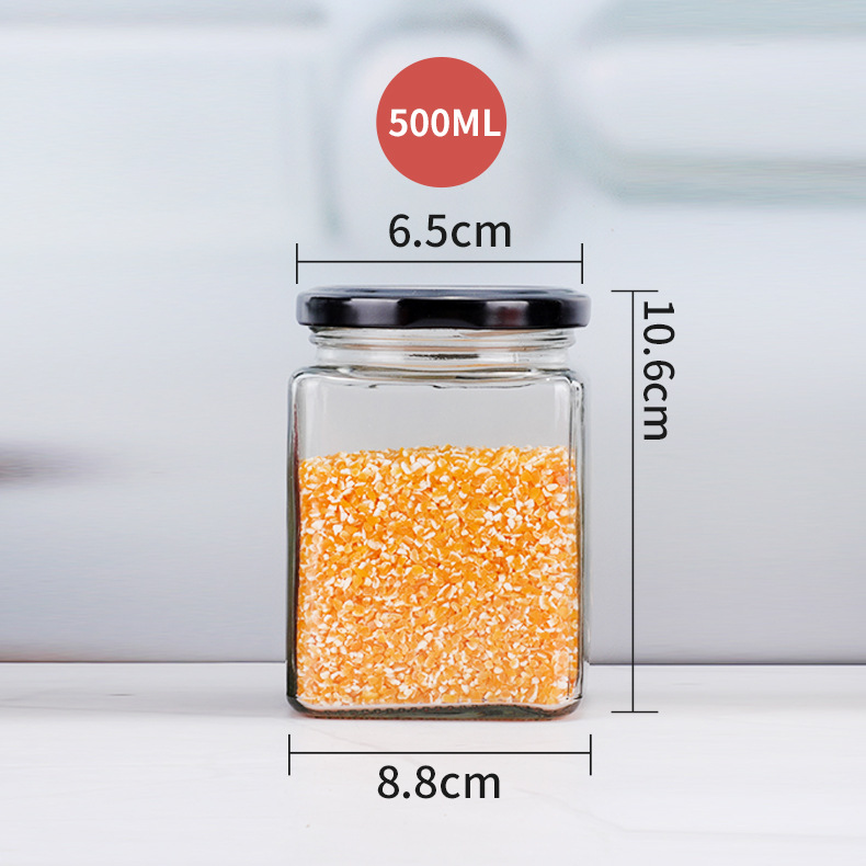 Suministro de botella de vidrio de cuatro bordes sellada transparente cuadrado multi-grano botella de almacenamiento puede botella de miel sub-botella al por mayor