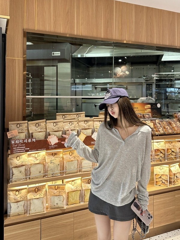 慵懒风灰色polo领长袖T恤女夏季宽松薄款防晒衫简约休闲百搭上衣|undefined