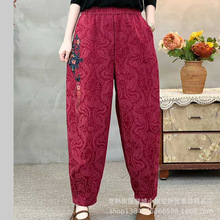 2025秋季新款松紧腰大码显瘦哈伦裤纯色民族风刺绣棉麻提花休闲裤