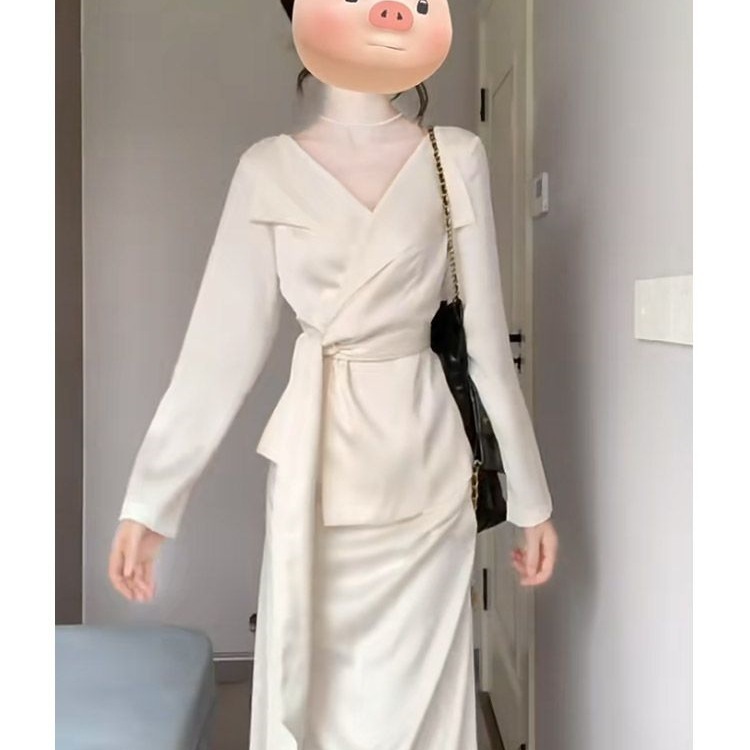 秋季女装2025新款法式休闲高级感收腰系带上衣+花苞长裙时尚套装|undefined