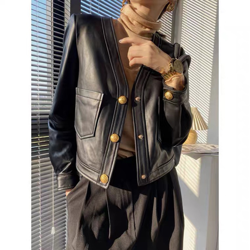 The Accent Is Always Online! jin Mouth Sheepskin Short V Neck Genuine Leather Jacket Jacket for Women