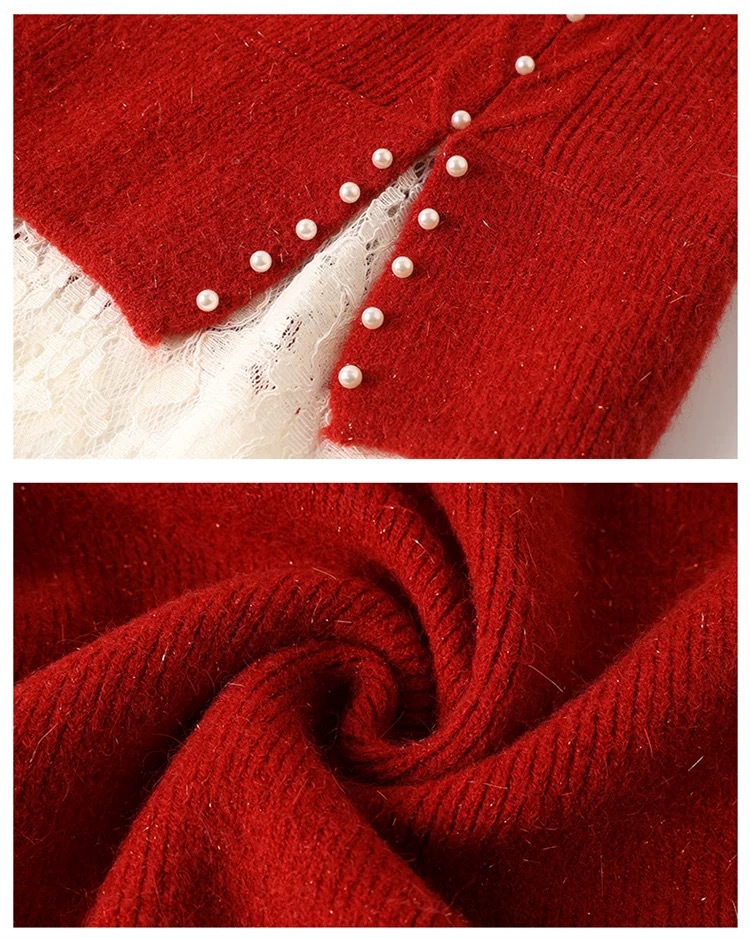 Abito in maglia elegante con pizzo e perline a maniche lunghe_voghion.com