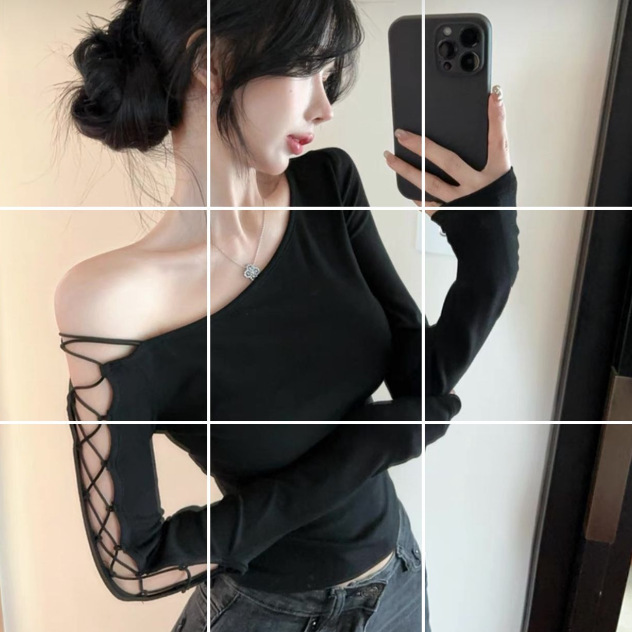 Ins Spice Girls Hollow Cross Strap Long Sleeve Top Autumn Bare Shoulder Black T-shirt Trendy 5445 Ins Spice Girls Hollow Cross Strap Long Sleeve Top Autumn Bare Shoulder Black T-shirt Trendy 5445