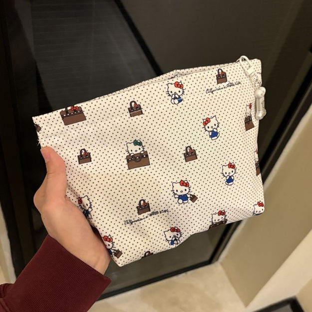 대용량 흰색 물방울 무늬 키티 화장품 가방 - 장식 없음