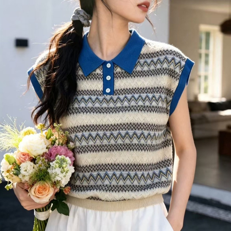Bohemian Striped Lazy Style Short-Sleeve Knit Top for Women, Summer Loose Fit, Versatile, Slimming, Lightweight, Age-Reducing T-Shirt Bohemian Striped Lazy Style Short-Sleeve Knit Top for Women, Summer Loose Fit, Versatile, Slimming, Lightweight, Age-Reducing T-Shirt