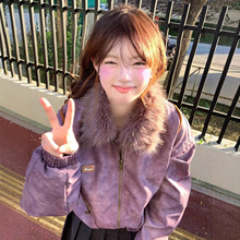 简约美式复古外套女秋冬季2025新款时尚毛领皮衣夹克宽松休闲上衣