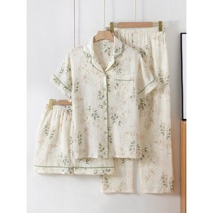 Japanese Pastoral Style Cotton Double-Layer Gauze Pajamas for Women Spring and Summer Thin Short-Sleeved Trousers Home Clothes Three-Piece Suit