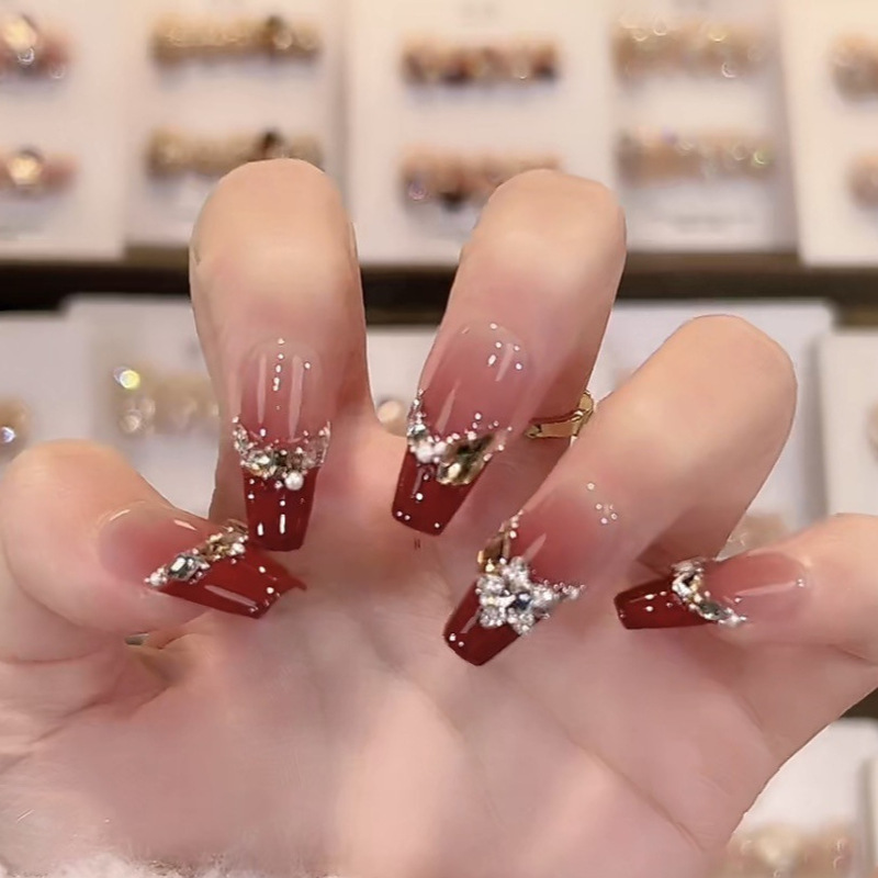 New Christmas Red Nail Art Flash Broken Diamond French Bride Armor Hand-worn Armor White High-grade New Year
