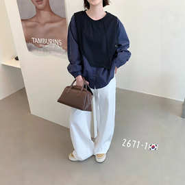 秋季新款网格假两件显瘦百搭条纹衬衫女韩版宽松休闲设计感上衣