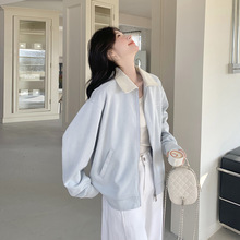 美式复古蓝色外套女士早秋季2025新款撞色翻领宽松夹克棒球服上衣