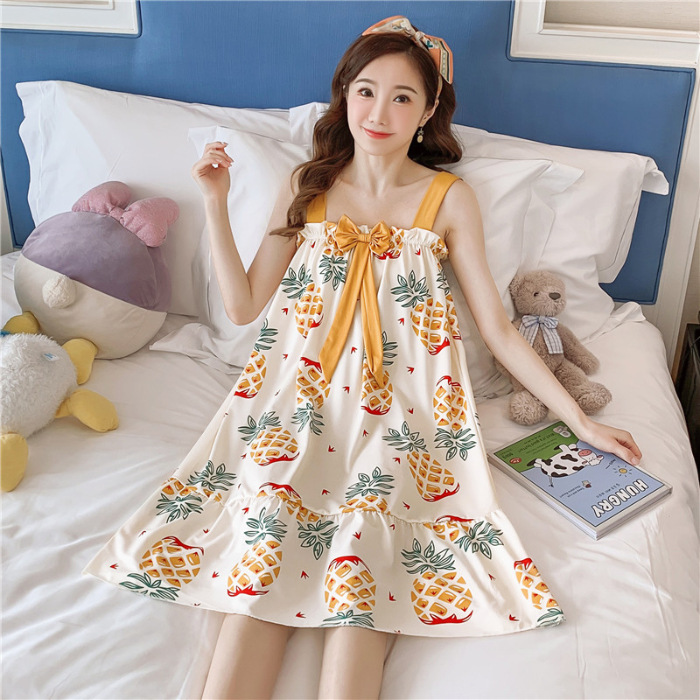 Comercio exterior 2023 correa de verano flojo camisón las mujeres largas dibujos animados arco dulce pijamas desgaste del hogar