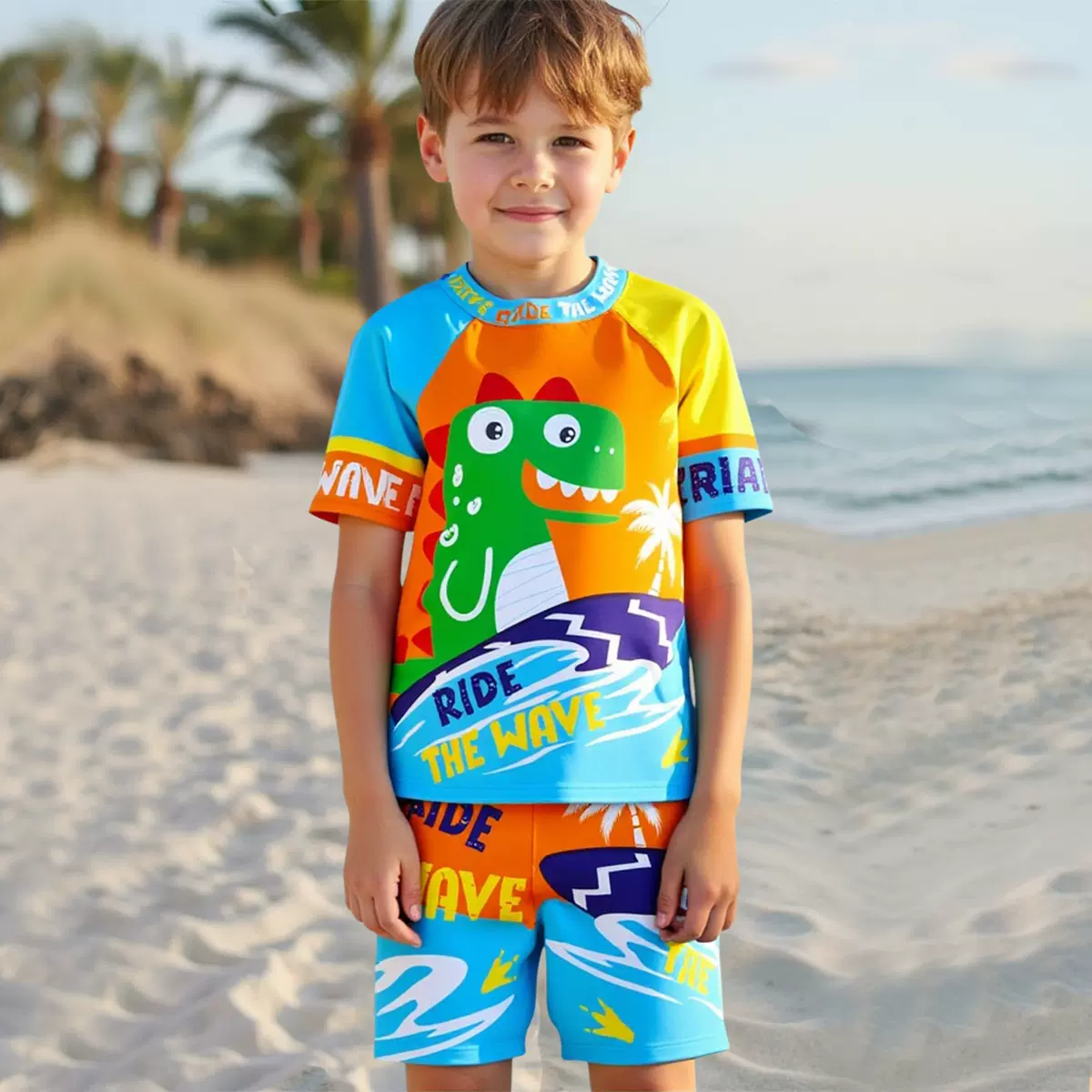 儿童泳衣男孩游泳衣中小童可爱恐龙分体短袖防晒速干泳帽男童泳装