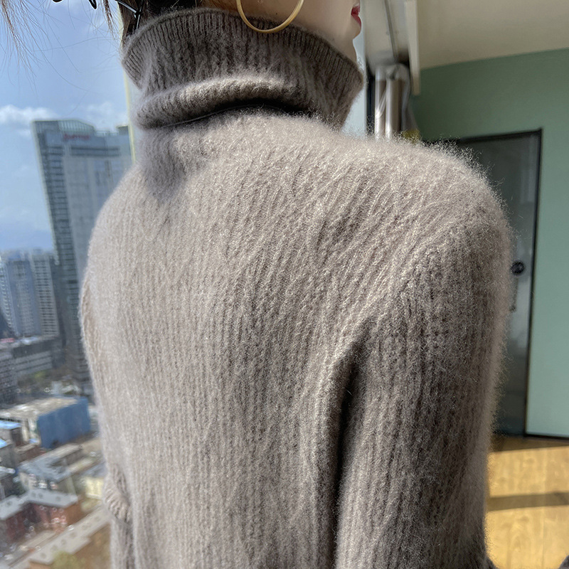 Elegant hollow-out pure cashmere women's 2023 autumn and winter pullover turtleneck knitted bottoming shirt with pile collar sweater