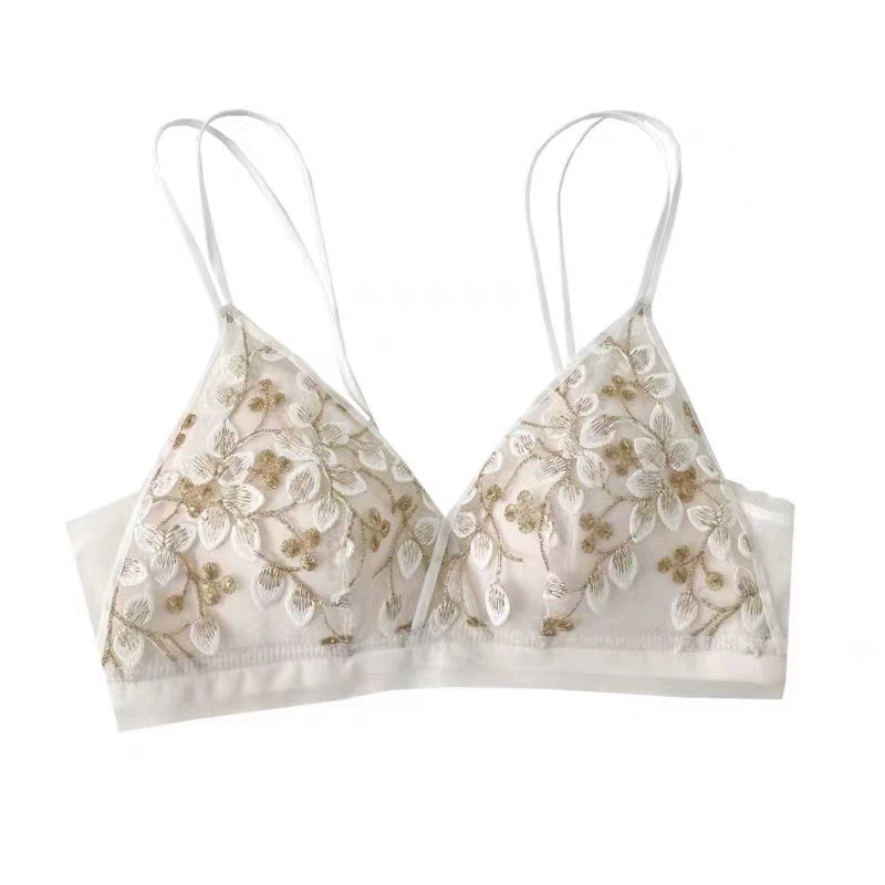 Lace Bralette Women's Summer Thin Underwear, French-Style Embroidered Support Bra, S–XL