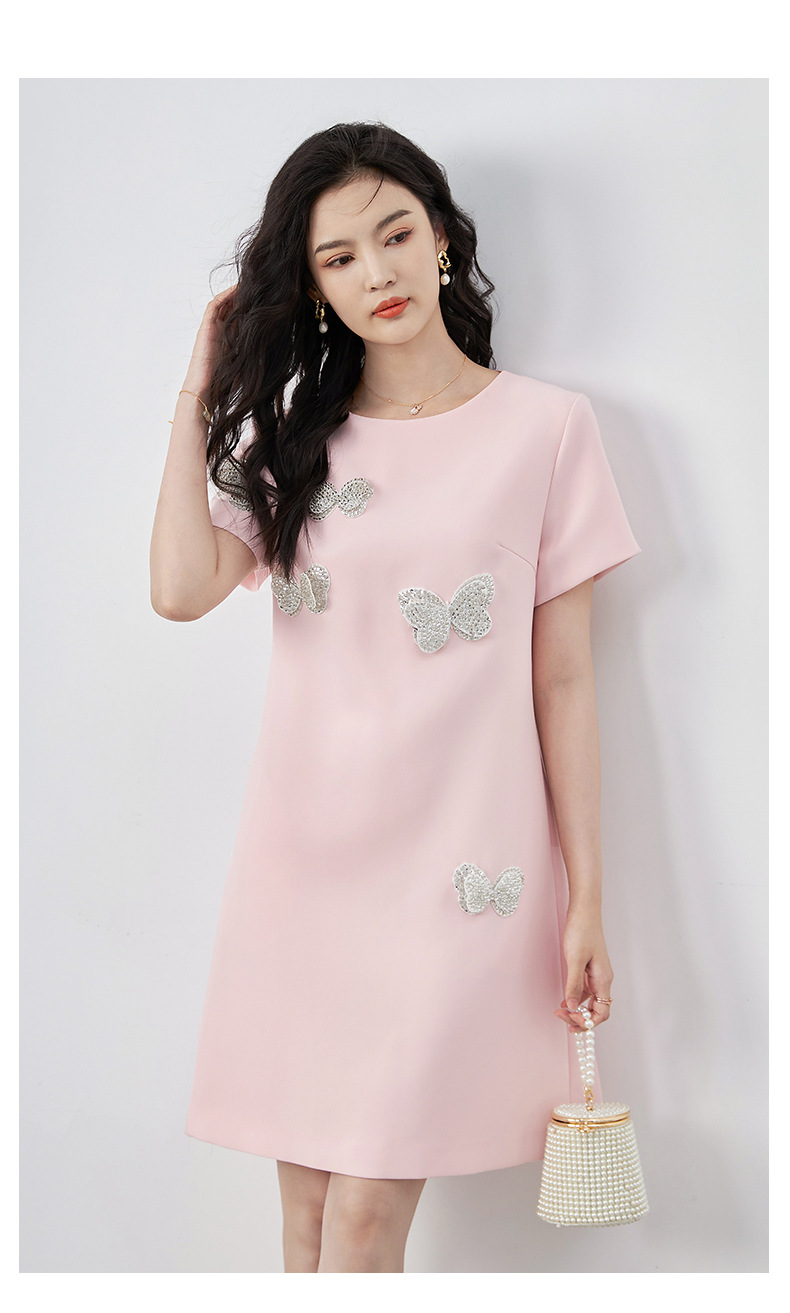 Đầm suông nữ midi tay ngắn cổ tròn, họa tiết hoa nổi sequin lấp lánh, phom suông che khuyết điểm — Màu đen chi tiết 22