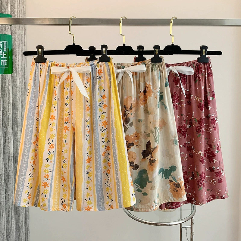 Женские пижамы из хлопкового шелка, весенне-летние пляжные брюки из искусственного хлопка, которые можно носить на улице, домашняя одежда из хлопкового шелка большого размера, брюки три четверти.