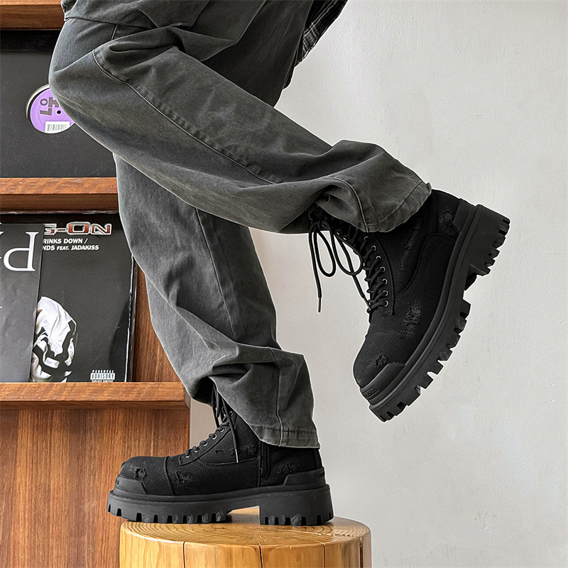 Men's Canvas Martin Work Boots, Black High-Top with Thick Soles | Height Boost