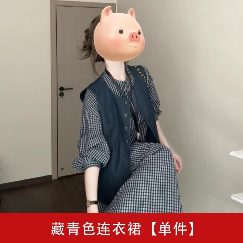 早秋穿搭一整套复古格子连衣裙女2025新款法式设计感马甲长裙套装|undefined