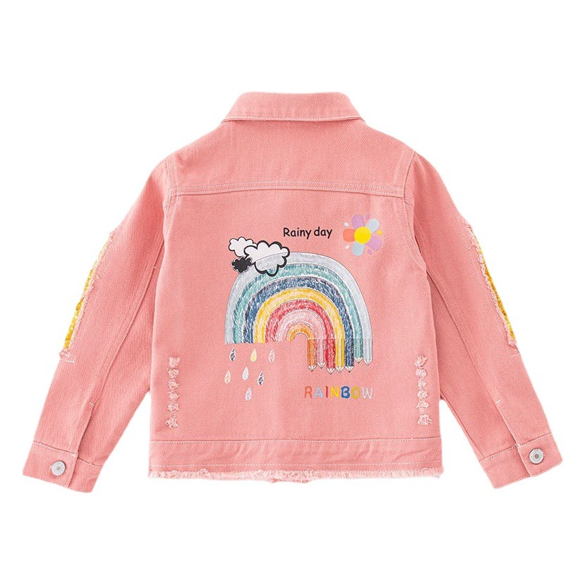 Детская одежда Джинсовая куртка для девочек, модная розовая потертая рваная джинсовая куртка, детский топ с радужными блестками